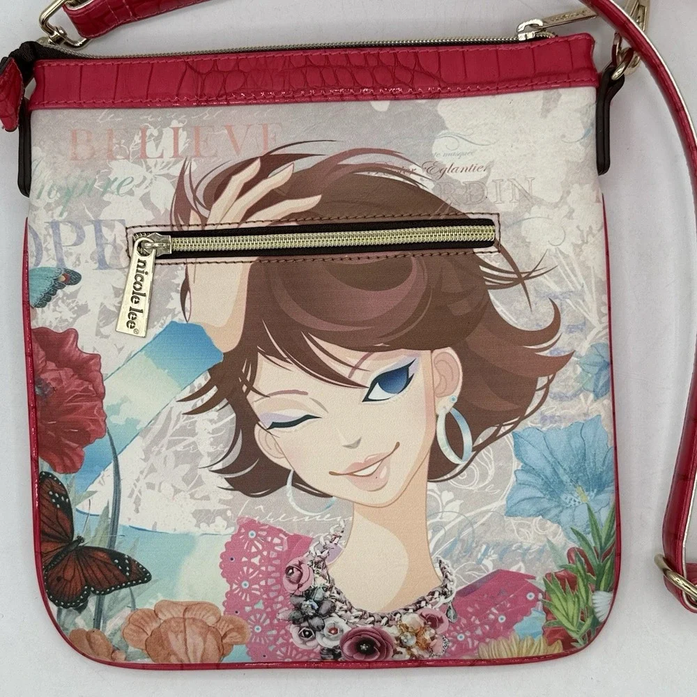 New Without Tags Nicole Lee Cross Body Winking Girl Butterfly Flower Purse White